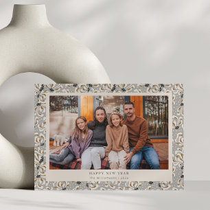 Cartes Pour Fêtes Annuelles Rustique Bohème Gris Élégant Botanique Photo Nouve