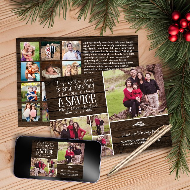Cartes Pour Fêtes Annuelles Rustique Bois Noël Verse Vacances Collage photo (Rustic Wood Christmas Verse Holiday Photo Collage Christmas Card with Digital Download)