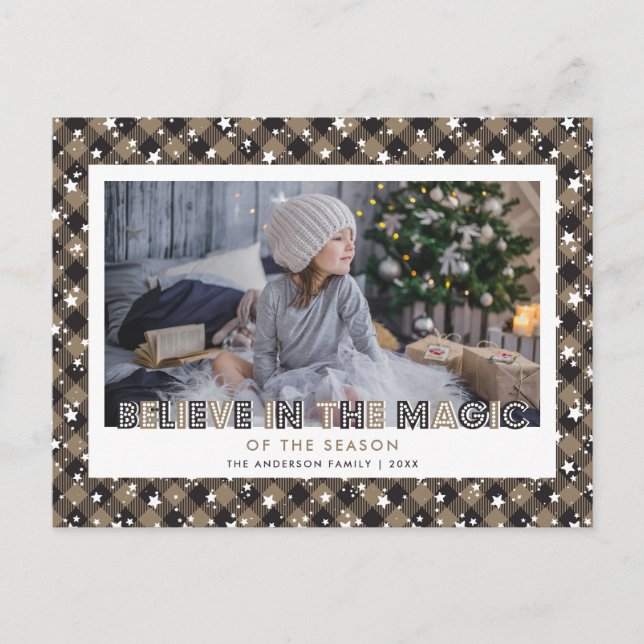 Cartes Pour Fêtes Annuelles Rustique Buffalo Plaid Neige Stars Croire Photo (Devant)