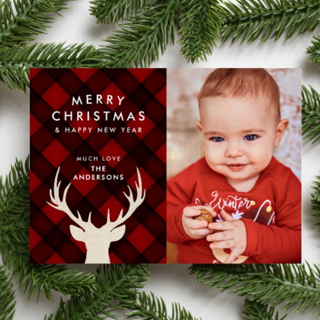 Cartes Pour Fêtes Annuelles Rustique Buffalo Plaid & Reindeer Photo de Noël (Créateur téléchargé)