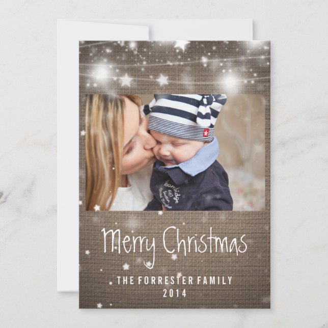 Cartes Pour Fêtes Annuelles Rustique Burlap Étoiles brillantes Joyeux Noël Pho (Devant)