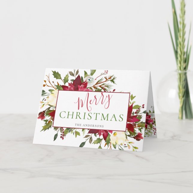 Cartes Pour Fêtes Annuelles Rustique Floral Élégant Script Photo de Noël (Devant)