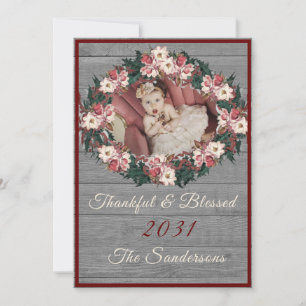 Cartes Pour Fêtes Annuelles Rustique Floral Gris Bois Bourgogne Merci béni