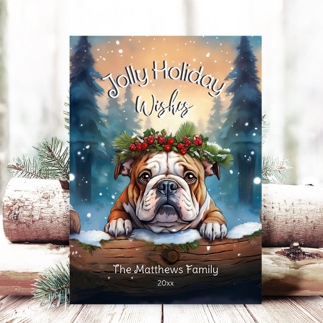 Cartes Pour Fêtes Annuelles Rustique Forêt de bois Peeking Bulldog Jolly (Adorable Winter Snowy Scene With Peeking Dogs or Farm/Woodland Animals - Over 50 to Choose From!)