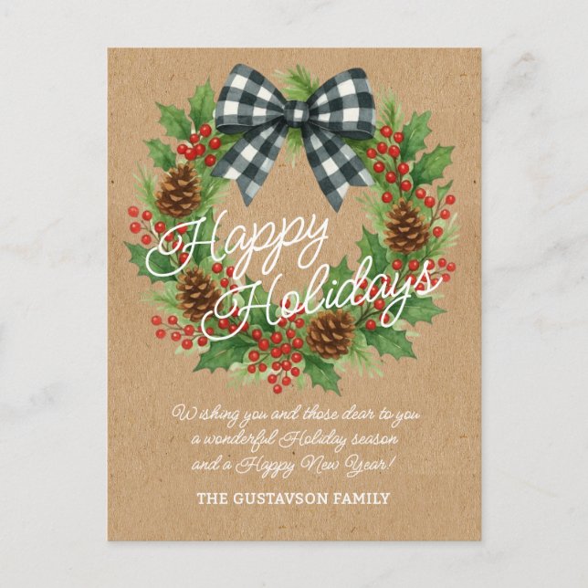 Cartes Pour Fêtes Annuelles Rustique Holly Wreath Blanc Noir À damiers Bow (Devant)