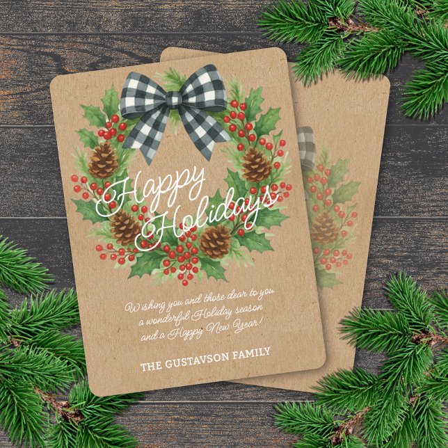 Cartes Pour Fêtes Annuelles Rustique Holly Wreath Blanc Noir À damiers Bow (Créateur téléchargé)