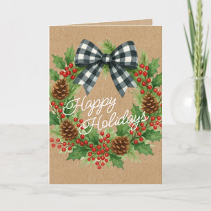 Cartes Pour Fêtes Annuelles Rustique Holly Wreath Blanc Noir À damiers Bow
