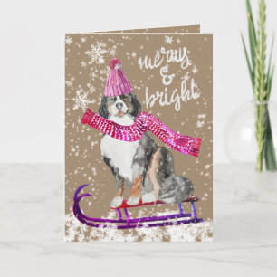 Cartes Pour Fêtes Annuelles Rustique Kraft Joyeux & Chien Lumineux Sledding De