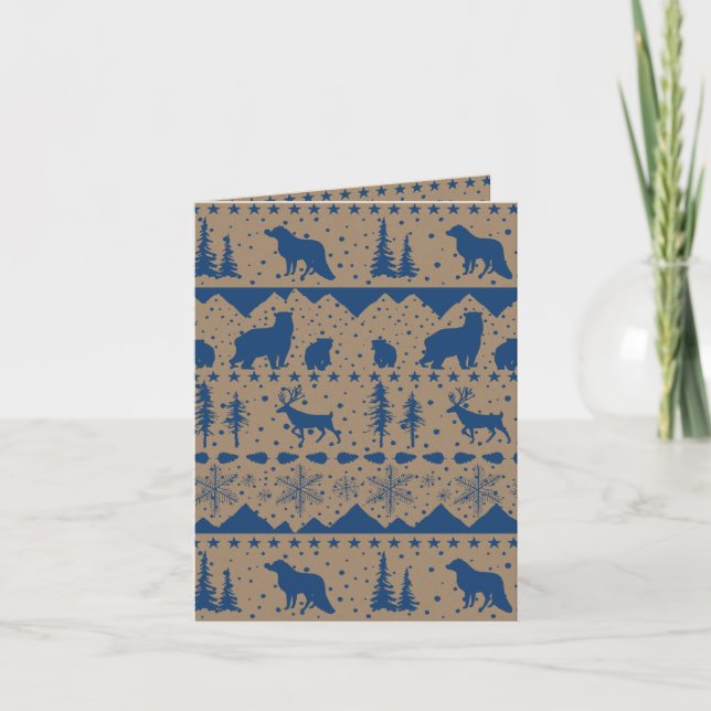 Cartes Pour Fêtes Annuelles Rustique Kraft Nordic Sweater Bleu Animaux d'hiver (Devant)