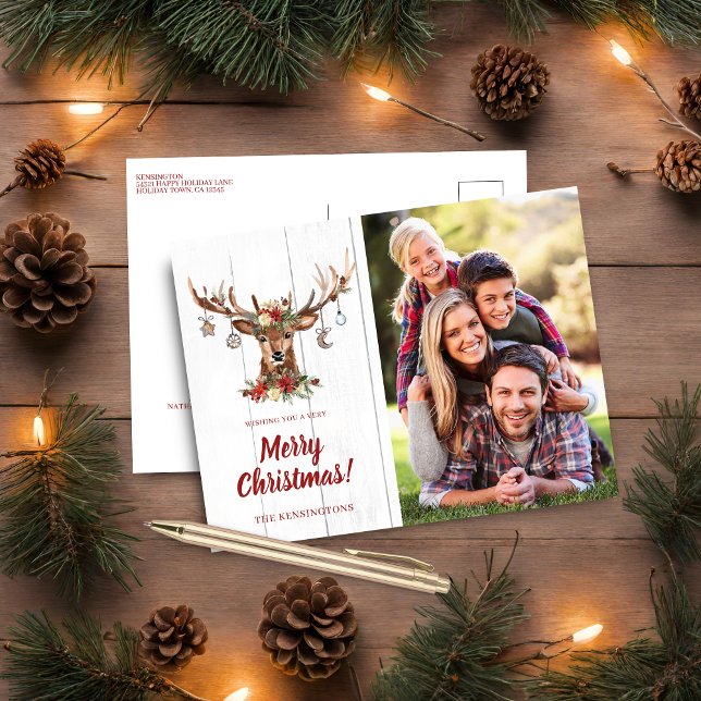 Cartes Pour Fêtes Annuelles Rustique mignonne Noël Cerfs Ornements de vacances (Rustic Cute Christmas Deer Ornaments Holiday Photo Postcard)