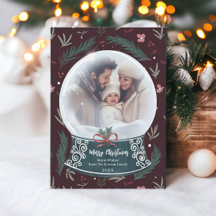 Cartes Pour Fêtes Annuelles Rustique Noël enneigé globe floral photo de famill