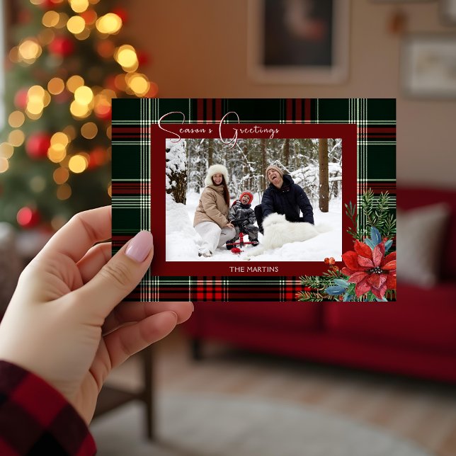 Cartes Pour Fêtes Annuelles Rustique Noël Plaid avec Poinsettia & Pine Photo (Créateur téléchargé)