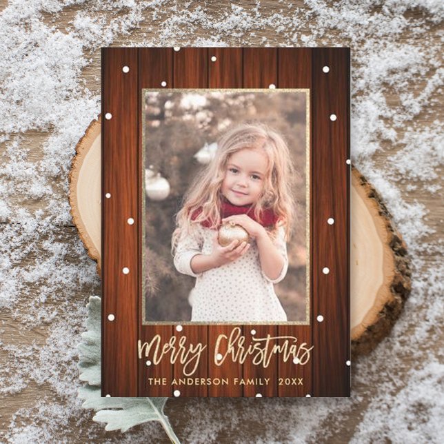 Cartes Pour Fêtes Annuelles Rustique Pays Bois Or Joyeux Noël Photo (Créateur téléchargé)