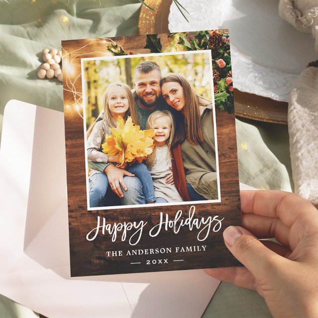 Cartes Pour Fêtes Annuelles Rustique Pays Chaîne Lumières Famille Portrait Pho (Créateur téléchargé)