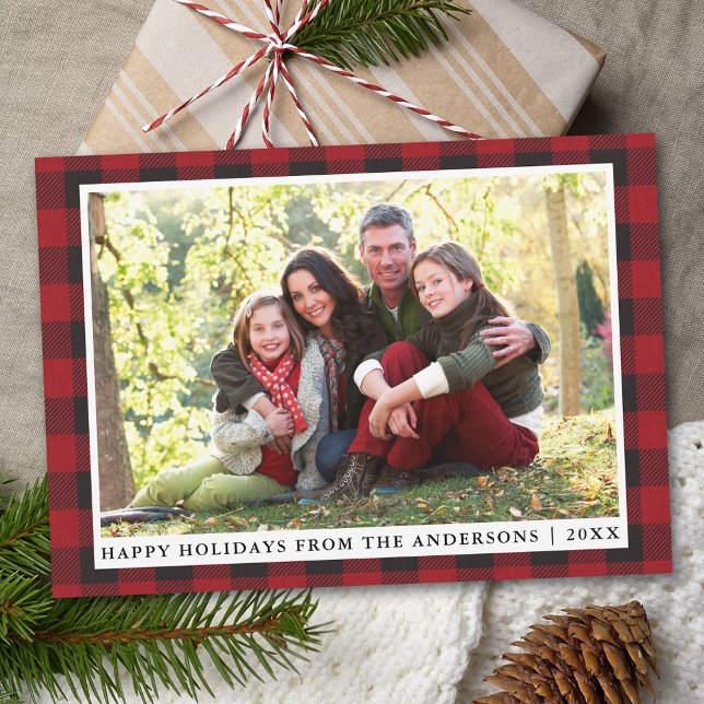 Cartes Pour Fêtes Annuelles Rustique Rouge Plaid Joyeux Vacances Famille Photo (Customize text size or text style.)