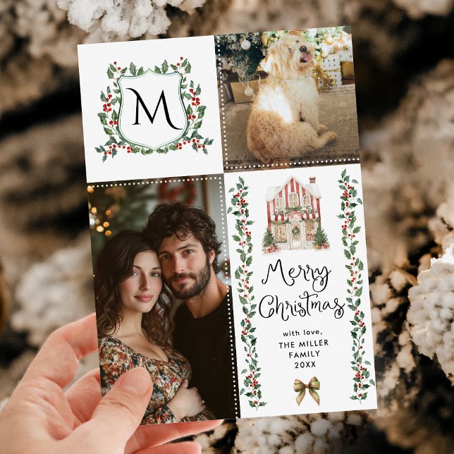 Cartes Pour Fêtes Annuelles Rustique verdure Monogram Bow Joyeux Noël Photo (Créateur téléchargé)