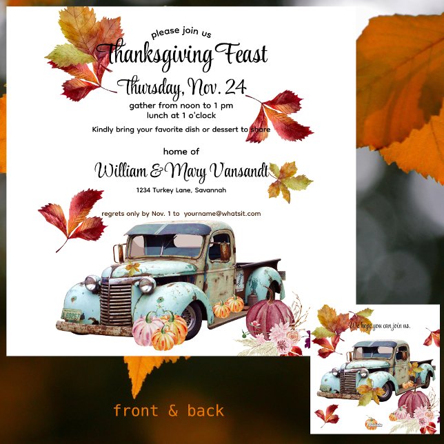 Cartes Pour Fêtes Annuelles Rustique Vintage Blue Truck Thanksgiving Invitatio (Créateur téléchargé)