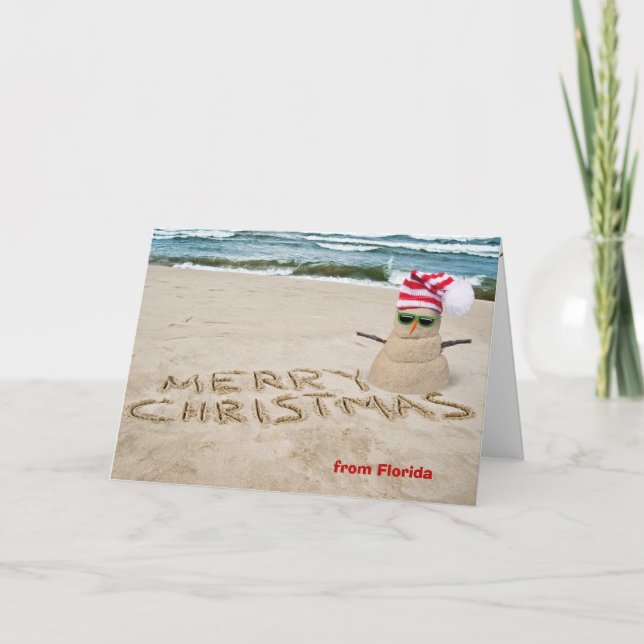 Cartes Pour Fêtes Annuelles Sable bonhomme sur la plage avec océan (Devant)