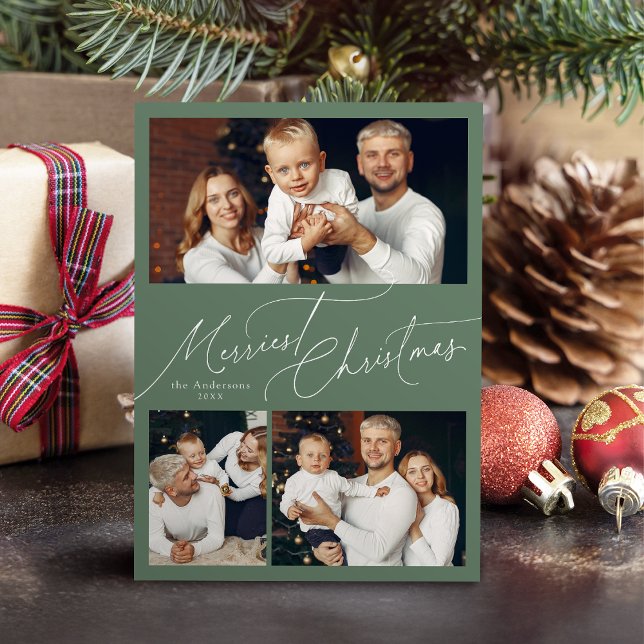 Cartes Pour Fêtes Annuelles Sage Elegant Script Merry Christmas Family 3 Photo (Sage Elegant Script Merry Christmas Family 3 Photo Holiday Card)