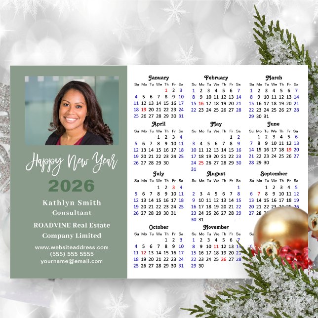 Cartes Pour Fêtes Annuelles Sage Green 2026 Calendrier Business Photo Simple (Créateur téléchargé)
