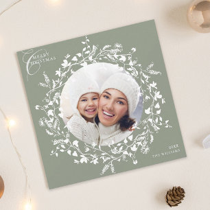 Cartes Pour Fêtes Annuelles Sage Green Boho Fleur sauvage Noël Photo Carré
