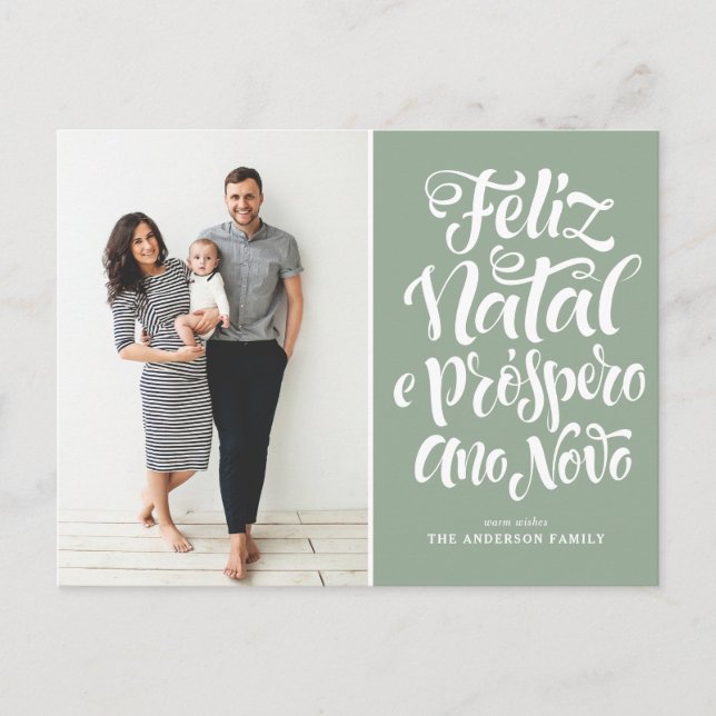 Cartes Pour Fêtes Annuelles Sage Green Feliz Natal Calligraphie de Noël Photo (Devant)