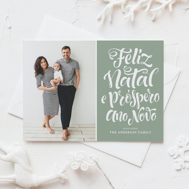 Cartes Pour Fêtes Annuelles Sage Green Feliz Natal Calligraphie de Noël Photo (Créateur téléchargé)