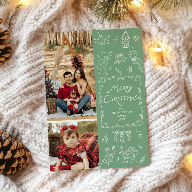 Cartes Pour Fêtes Annuelles Sage Green Main Tirée Icônes Noël 2 Photo (Créateur téléchargé)