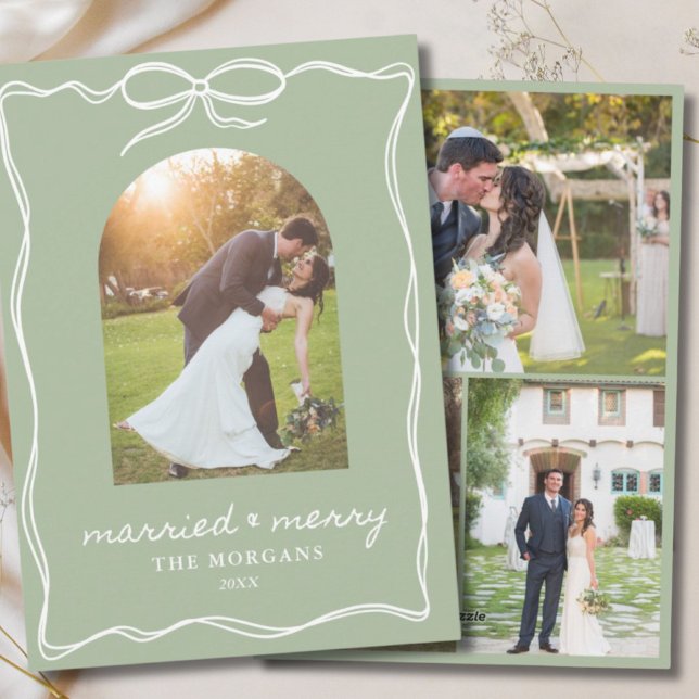 Cartes Pour Fêtes Annuelles Sage Green Rustic Marié & Joyeux 4 Mariage photo (Sage Green Rustic Married & Merry 4 Photo Wedding)