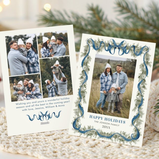 Cartes Pour Fêtes Annuelles Sage Green Stripped Blue Bow Christmas 5 Photo (Créateur téléchargé)
