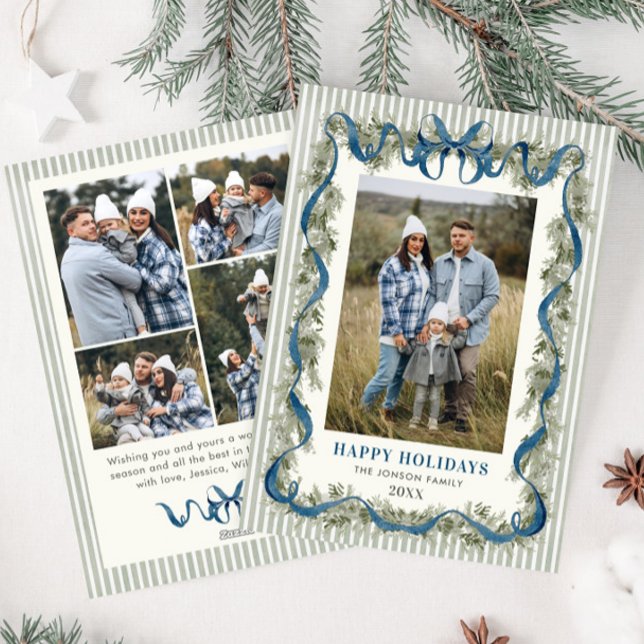 Cartes Pour Fêtes Annuelles Sage Green Stripped Blue Bow Christmas 5 Photo (Créateur téléchargé)