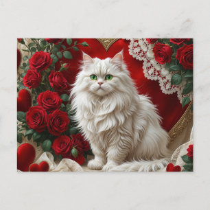 Cartes Pour Fêtes Annuelles Saint Valentin Chat perse blanc avec Rose