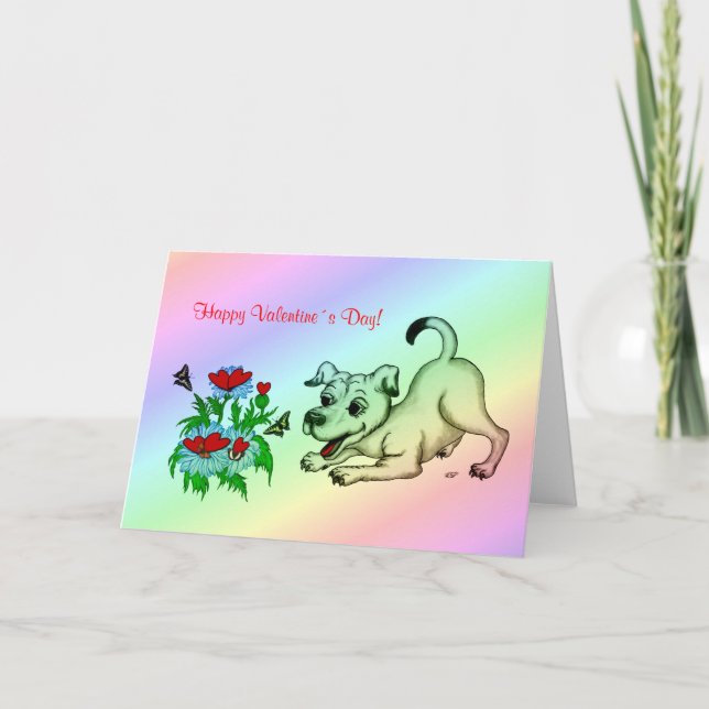 Cartes Pour Fêtes Annuelles Saint Valentin, Coeur, Fleur, Chiot et Papillon (Devant)