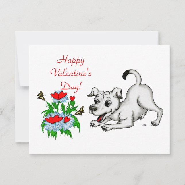 Cartes Pour Fêtes Annuelles Saint Valentin, Coeur, Fleur, Chiot et Papillon (Devant)