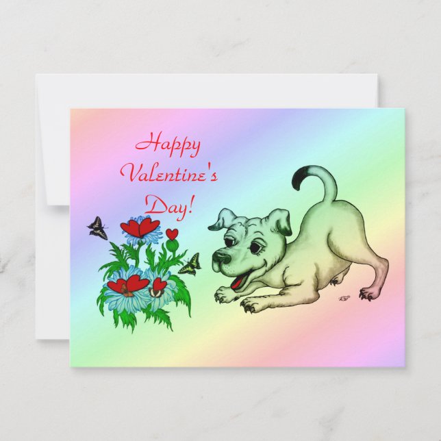 Cartes Pour Fêtes Annuelles Saint Valentin, Coeur, Fleur, Chiot et Papillon (Devant)