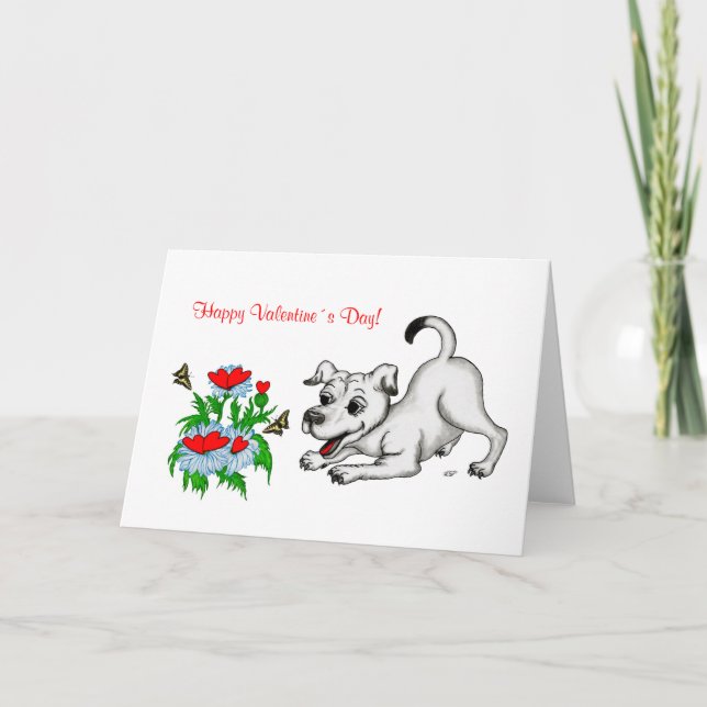 Cartes Pour Fêtes Annuelles Saint Valentin, Coeur, Fleur, Chiot et Papillon (Devant)