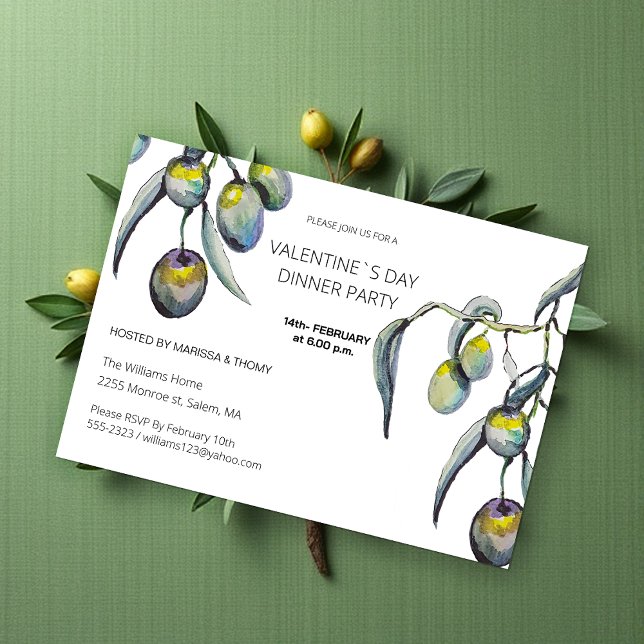 Cartes Pour Fêtes Annuelles Saint Valentin`Diner Party Aquarelle Olive Branche (Créateur téléchargé)
