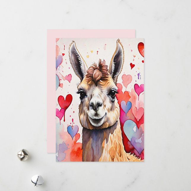 Cartes Pour Fêtes Annuelles Saint-Valentin Llama Aquarelle Coeurs à deux tons (Devant/Arrière en situation)