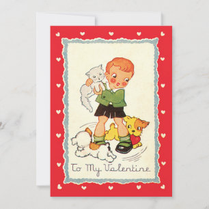 Cartes Pour Fêtes Annuelles Saint-Valentin victorien vintage avec garçon, chat