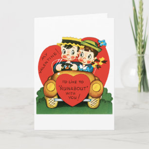 Cartes Pour Fêtes Annuelles Saint Valentin, Vintage fille et garçon en voiture