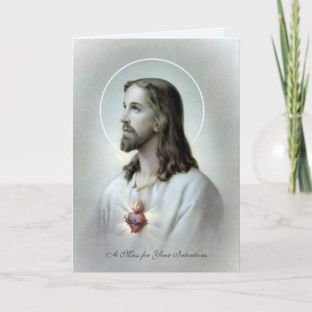Cartes Pour Fêtes Annuelles Sainte Messe Catholique Offrant Sacré Coeur Jésus (Devant)