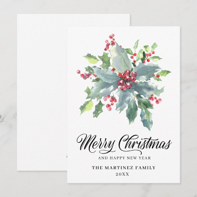 Cartes Pour Fêtes Annuelles Salutation de Noël classique Holly et Berry 2022 (Devant / Derrière)