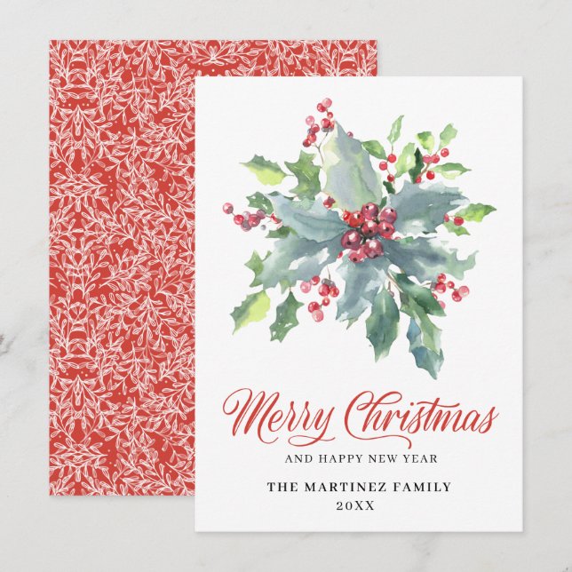 Cartes Pour Fêtes Annuelles Salutation de Noël classique Holly et Berry 2022 (Devant / Derrière)