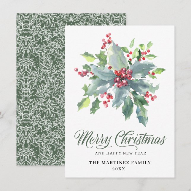 Cartes Pour Fêtes Annuelles Salutation de Noël classique Holly et Berry 2022 (Devant / Derrière)