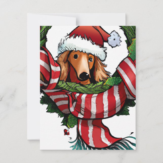 Cartes Pour Fêtes Annuelles Salutation de Noël Whimsical Dachshund et Wreath (Devant)