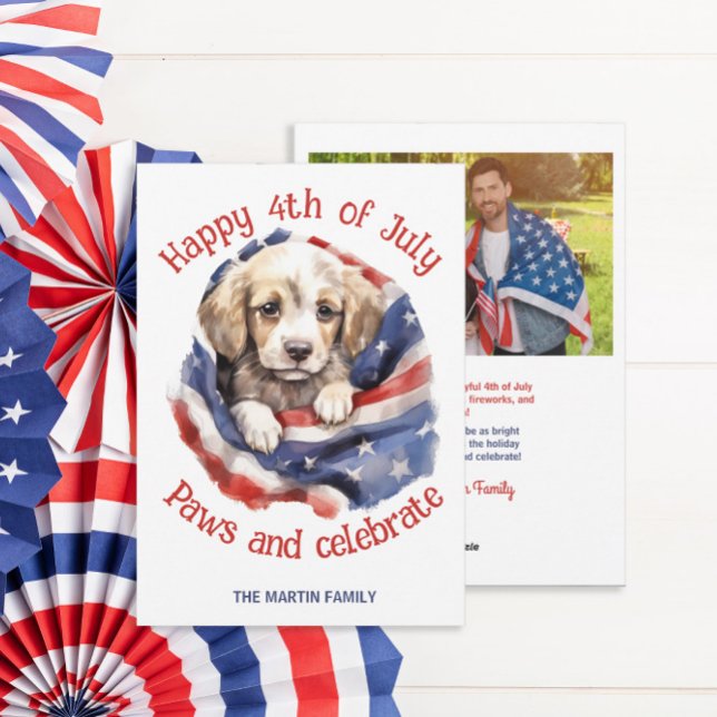 Cartes Pour Fêtes Annuelles Salutation photo du 4 juillet (4th of July American flag and puppy photo greeting card for friends and family)
