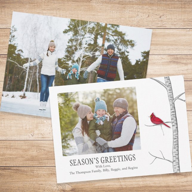 Cartes Pour Fêtes Annuelles Salutation saison hiver Cardinal rouge deux photo (Simple winter botanical red cardinal two photo card with a minimalist design.)