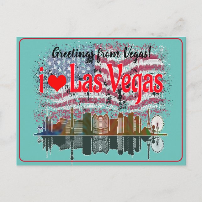 Cartes Pour Fêtes Annuelles Salutations de Las Vegas Skyline American Flag (Devant)