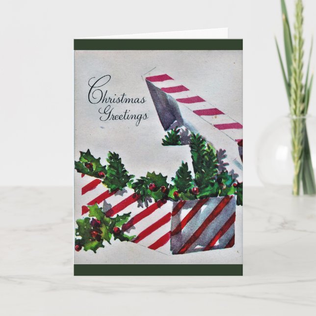 Cartes Pour Fêtes Annuelles Salutations de Noël - Boîte à rayures avec Holly (Devant)