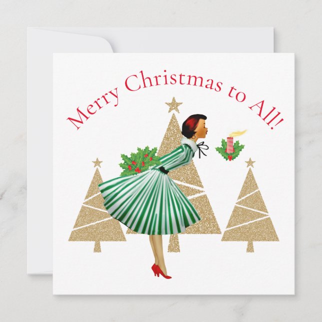 Cartes Pour Fêtes Annuelles Salutations de Noël de la Vintage dame de 1950 (Devant)
